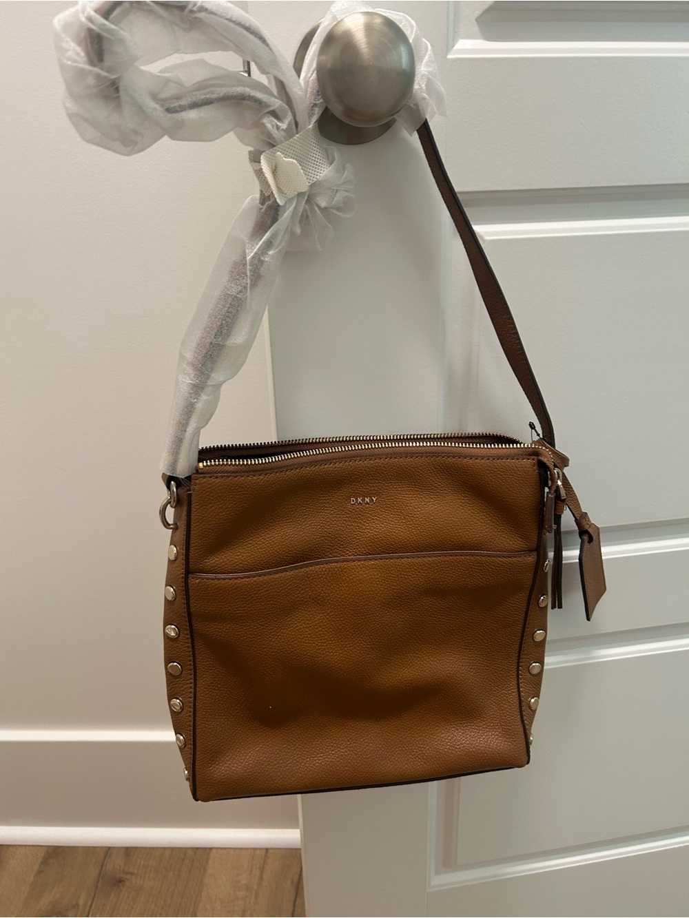 DKNY Brown Pebbled Leather Crossbody with Stud Accents